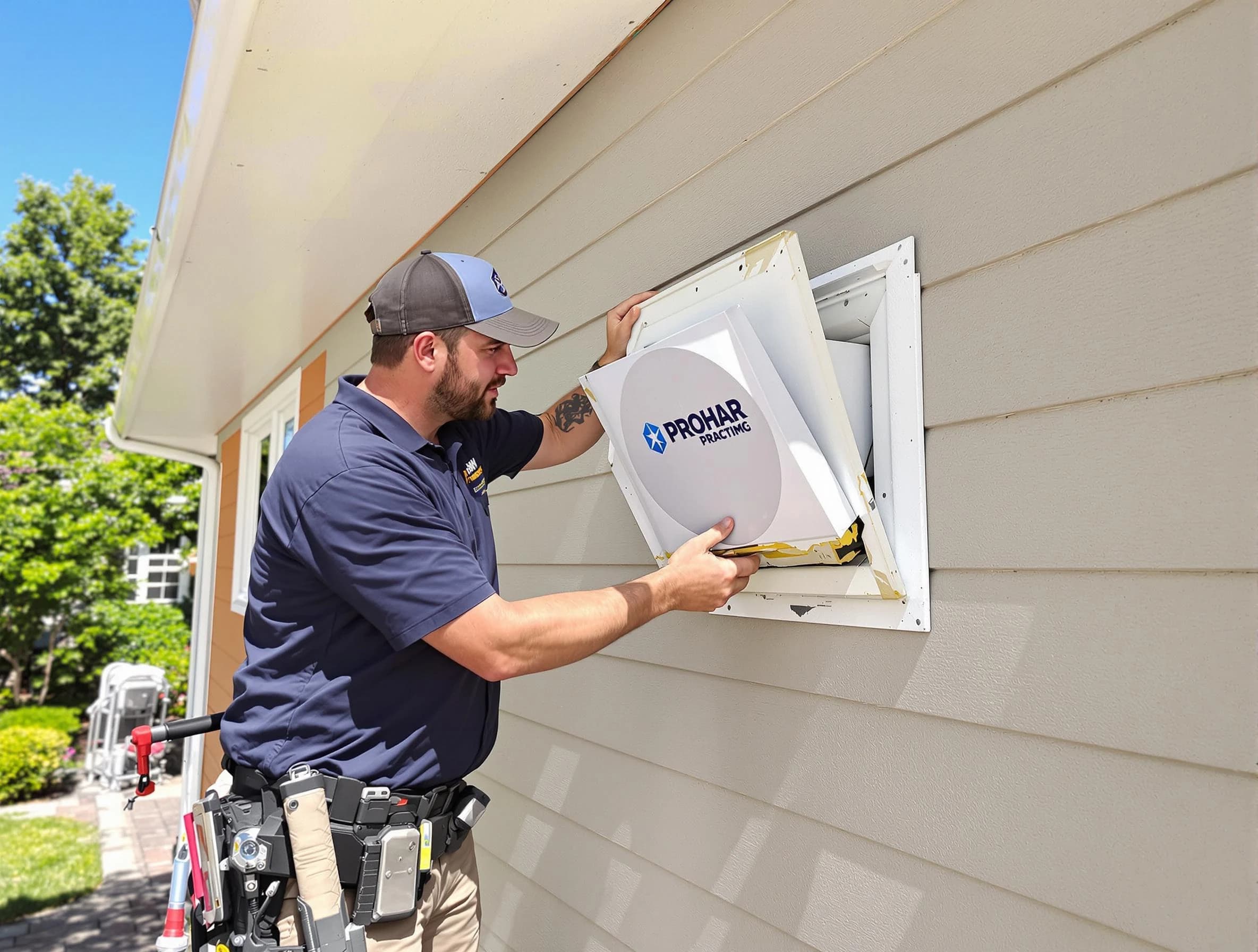 Tuckahoe Dryer Vent Cleaning technician installing a new protective dryer vent cover on a home in Tuckahoe