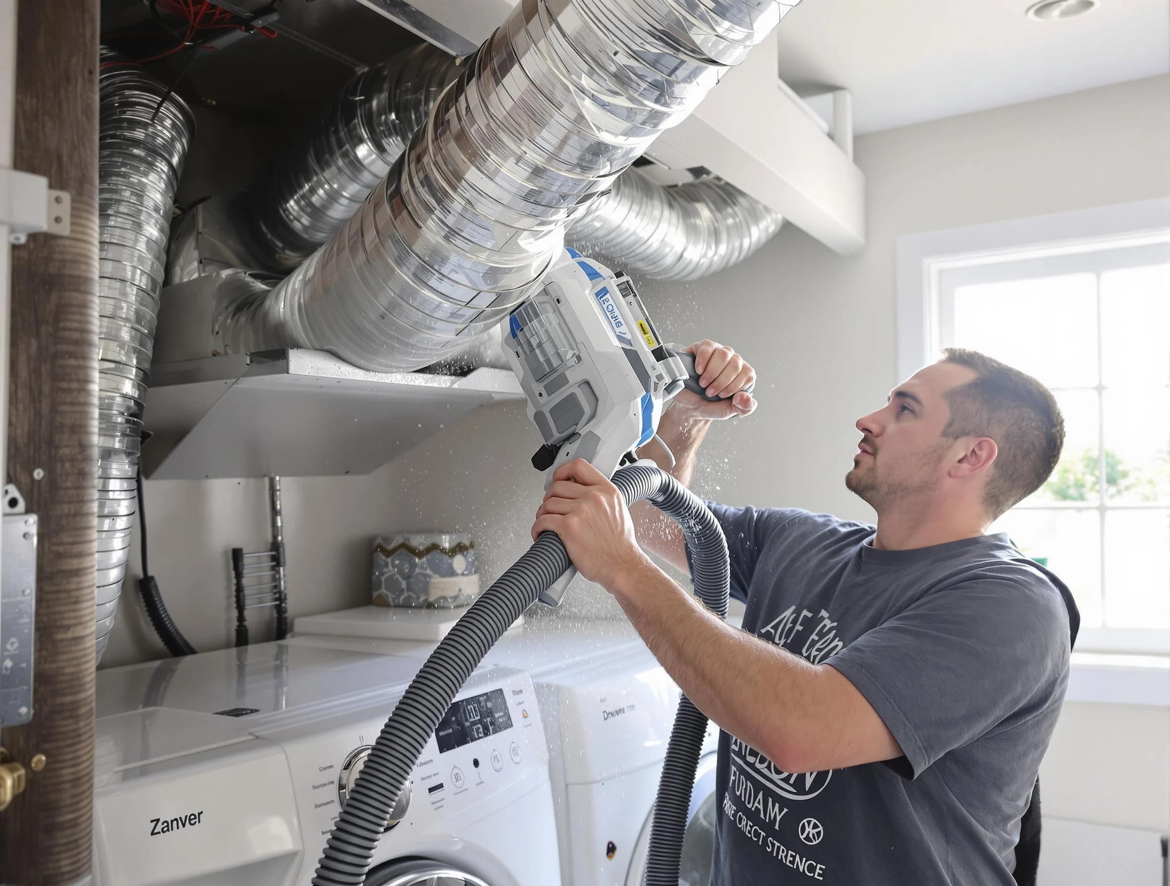 Tuckahoe Dryer Vent Cleaning specialist cleaning deep within a dryer vent duct system in Tuckahoe