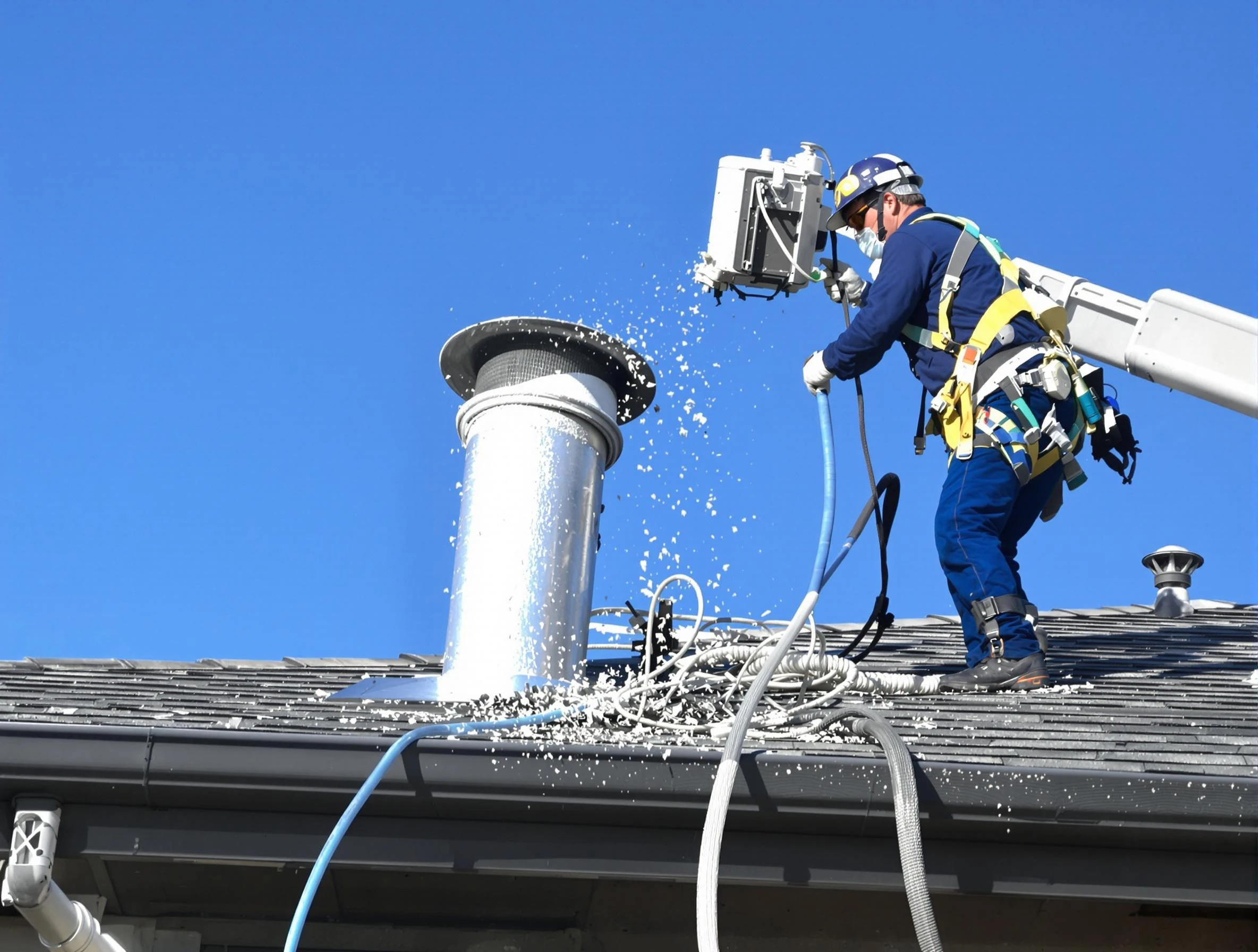 Tuckahoe Dryer Vent Cleaning certified technician safely cleaning a roof-mounted dryer vent in Tuckahoe