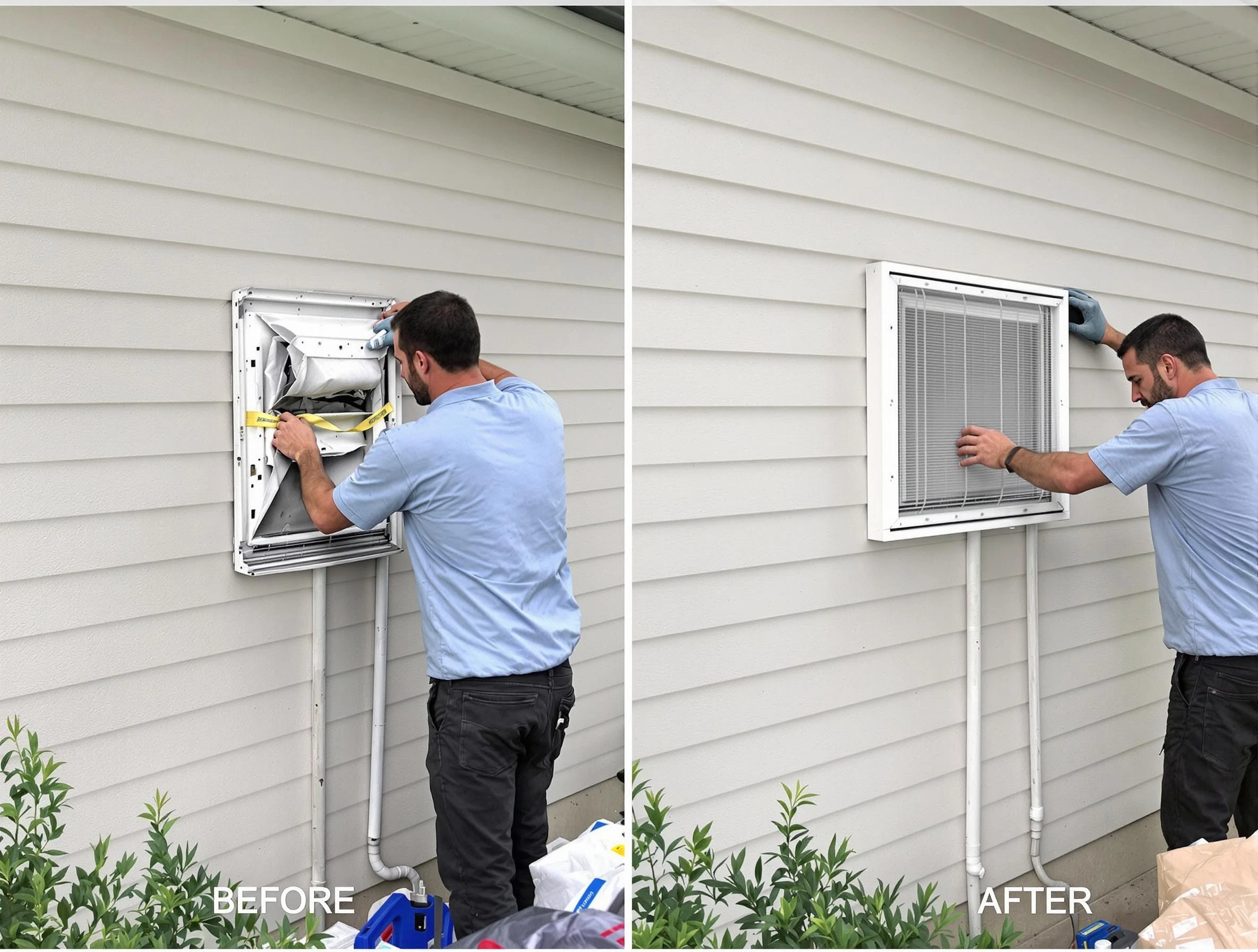 Tuckahoe Dryer Vent Cleaning technician installing high-quality dryer vent cover at a residential property in Tuckahoe